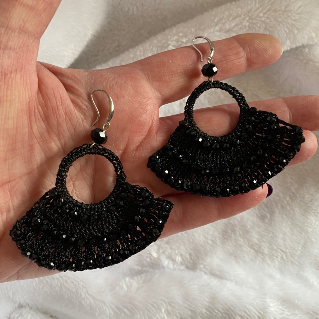 Black Crocheted Earrings/ Crystal Beads
